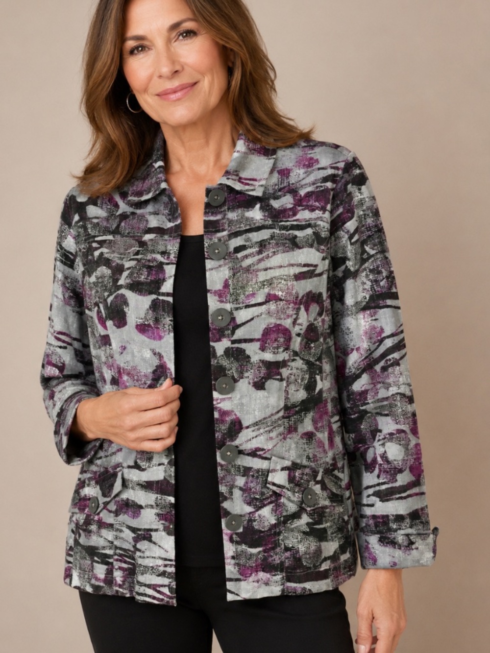 Chico's - Abstract Print Blazer Jacket in Gray, Purple, Metallic Silver SZS